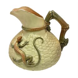  Royal Worcester blush ivory jug, with bamboo moulded handle, the basket weave body with applied lizard, gilt highlights, printed marks in puce mark to base, H15cm