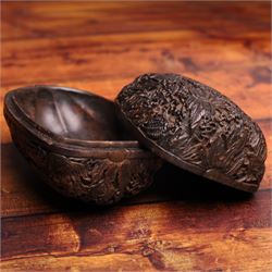 19th century Chinese cared nut/seed box, finely carved to the outside with foliate and ani...