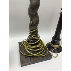 19th century oak barley twist table lamp, together with three other table lamps, including off white painted foliate example, tallest H86cm