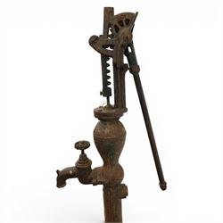 Early 20th century cast iron floor standing water pump, cylindrical column with bulbous chamber, side spout with star-shaped tap, lever action mechanism with ratchet adjustment, flanged circular base, H 127cm
