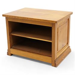 Beaverman - oak media stand, rectangular top over panelled hinged front fitted with Yorkshire rose carved handles, on moulded skirt base, carved with beaver signature, by Colin Almack, Sutton-under-Whitestone Cliffe, Thirsk