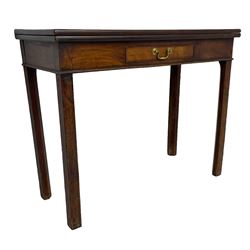 George III mahogany tea or side table, fold-over top over single gate-leg action base, fitted with single cock-beaded drawer, raised on square supports with inner chamfer