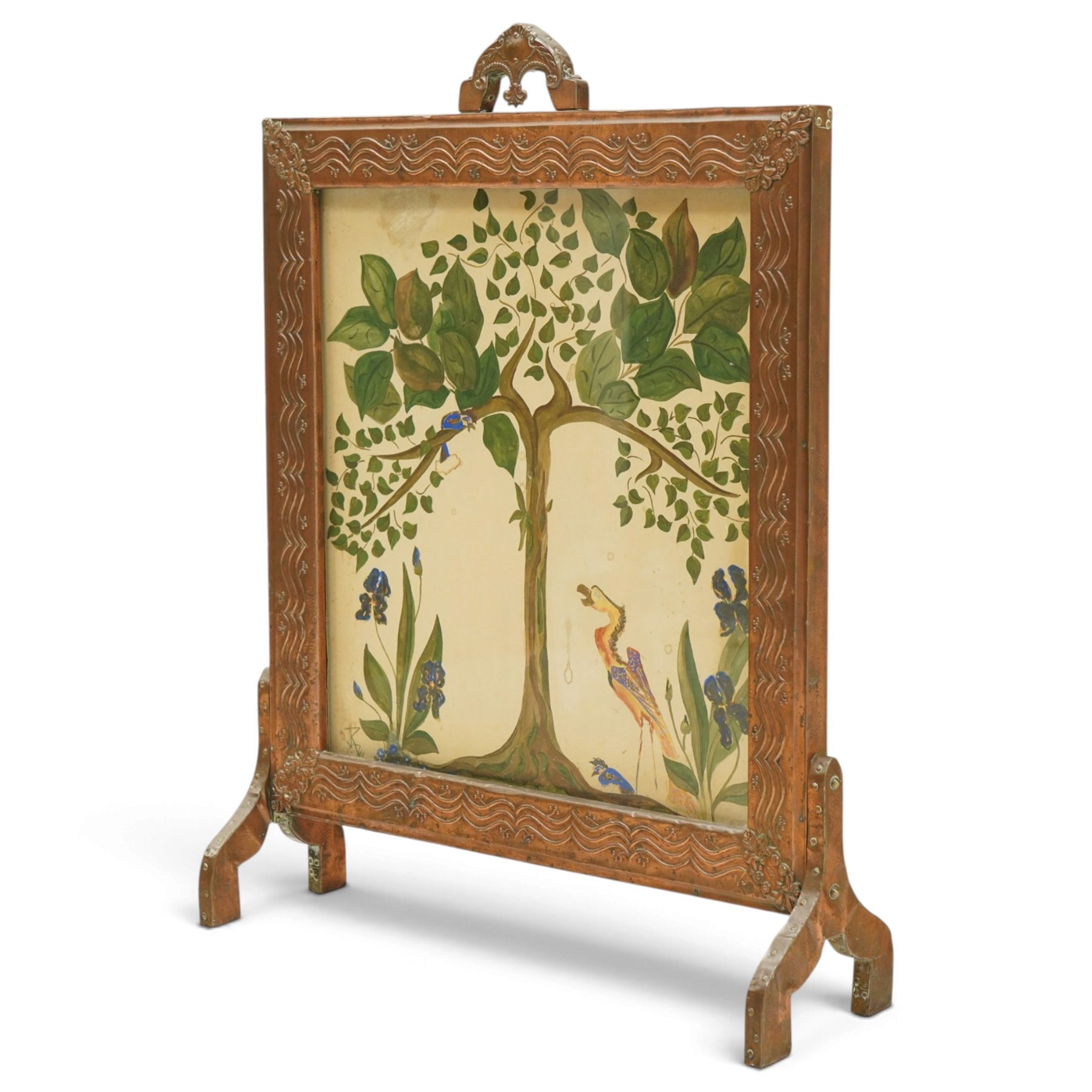 Arts & Crafts copper framed fire screen, the framed decorated in relief with with repeating waves design and floral sprigs to the corners, the central panel painted with stylised birds amongst trees, H80cm  