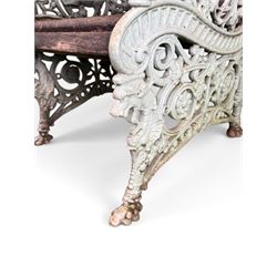 Pair of unusual Victorian revival heavy cast iron garden chair benches, ornate scrollwork detail with squirrels and nature, serpentine wood slatted seat and back - design by George Smith at the Sun Foundry, Glasgow