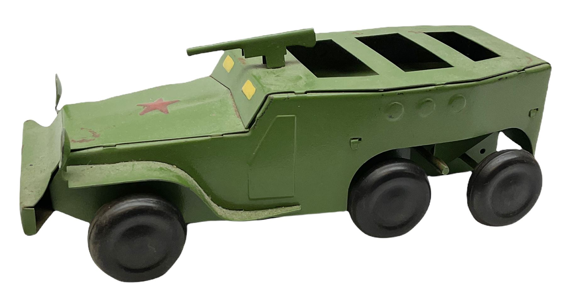 Various Makers - military vehicles comprising Schuco Kubelwagen and two Russian tanks, all boxed; and quantity of unboxed and playworn models including five Crescent Field Guns and Ammunition Limbers, Crescent Heavy Rescue Crane, Johilco Mobile Searchlight, Britains German Army BMW Combination, two Skybirds trucks etc; and a tin-plate armoured car.