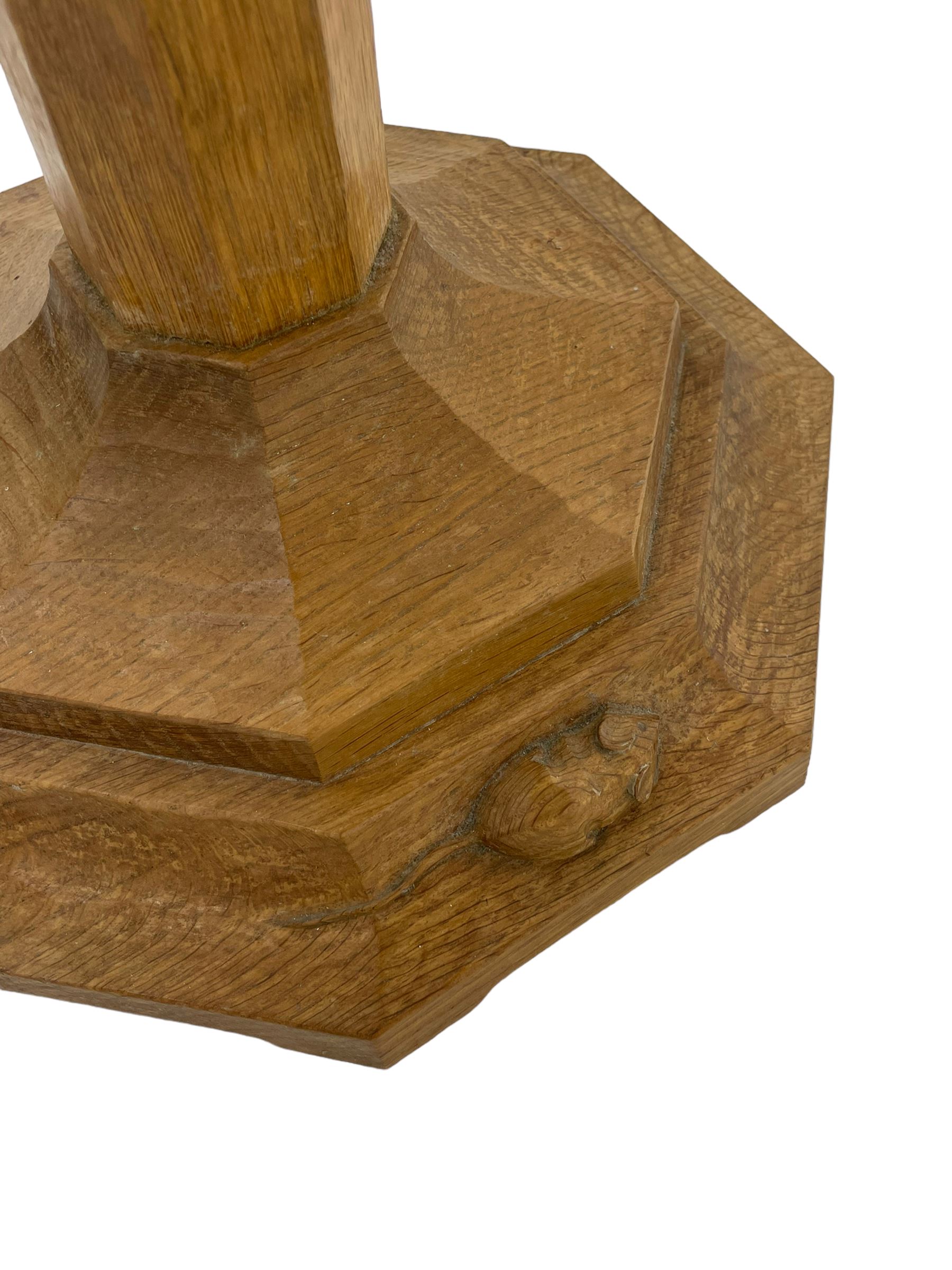 Mouseman - oak standard lamp, octagonal tapered column on octagonal base carved with mouse signature, by the workshop of Robert Thompson, Kilburn