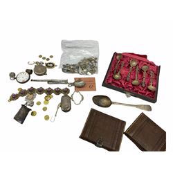Silver sovereign case, silver watch case, silver fob and charms, all stamped or hallmarked, set of six spoons, Middle Eastern necklace and pair of earrings, in glass frame and collection of vintage and later costume jewellery
