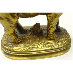  Cast brass model of a Moor riding a camel after Alphonse Alexandre Arson and another in the same manner depicting a figure on the back of an elephant, inscribed Arson, H13cm    