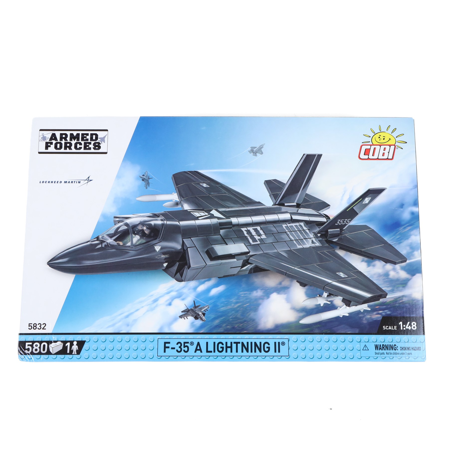 Four Cobi Bricks 1:48 scale Armed Forces sets, comprising no. 5856 A-10 Thunderbolt II Warthog, no. 5849 Eurofighter F2000 Typhoon, no. 5898 F-4F Phantom II and no.5832 F-35 A Lightning II, all in sealed boxes