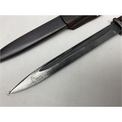 WWII German K98 Mauser bayonet by E. & F. Horster, the 24.5cm fullered blade marked 43aSW for 1943, numerous inspection marks to blade and pommel, bakelite grips and bluing to metal parts; in steel scabbard with corresponding numbers and leather frog L42cm overall