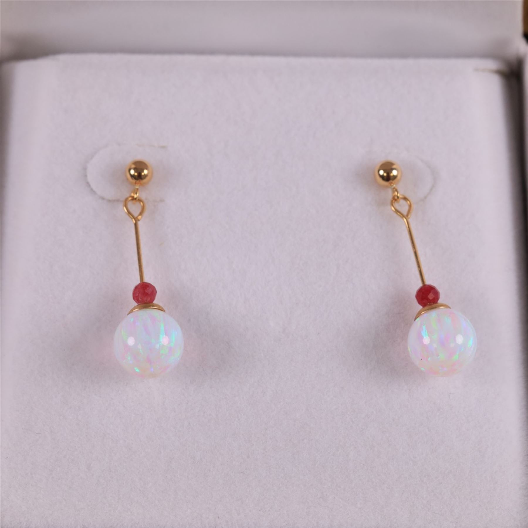 Pair of 9ct gold opal and ruby pendant earrings, boxed, L22mm