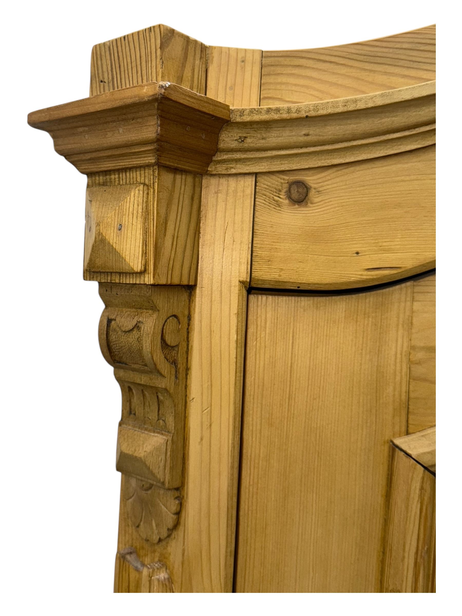 Late 19th century Continental pine vitrine, shaped and moulded arched cornice over a single glazed door enclosing adjustable shelves, flanked by carved pilasters with foliate and geometric motifs, fitted with single moulded drawer, raised on compressed bun feet