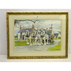  Dorothy Margaret Alderson (British 1900-1992) and Elizabeth Mary Alderson (British 1900-1988): 'Wyaston Derbyshire' Bass Brewery Dray outside the Shire Horse Inn, watercolour signed titled and dated 1980, 38cm x 56cm  DDS - Artist's resale rights may apply to this lot  