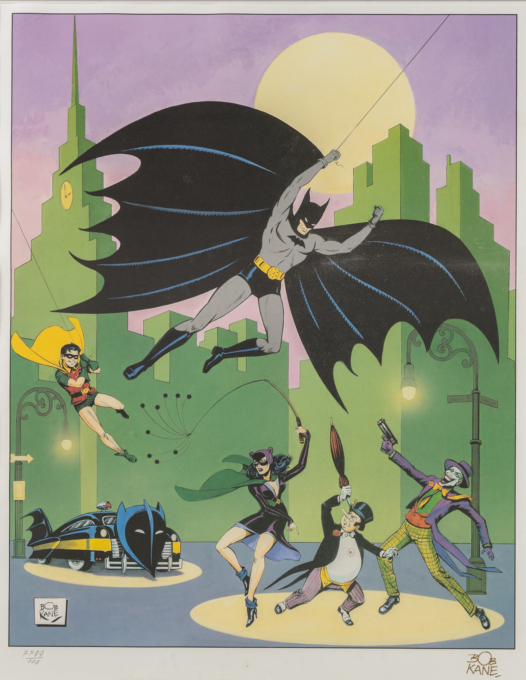 Two limited edition signed prints, comprising 'Batman: The Golden Years', signed to bottom right corner by Batman co-creator Bob Kane, printer's proof no. 87/100, released to commemorate Batman's 50th Anniversary and 'Superman: The Soaring Eagle', signed to bottom left by Jose Luis Garcia-Lopez, released to commemorate Superman's 50th Anniversary, artwork largest H50cm, W40cm, framed