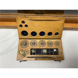 Griffin & George set of laboratory scales in fully glazed hardwood cabinet with rise-and-fall front door L44.5cm H40cm; with beech box of brass weights by Philip Harris & Co Ltd