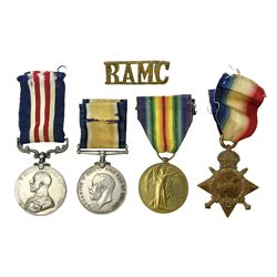 WWI RAMC Military Medal group of four comprising MM awarded to 439278 Pte. R.W. Sainsbury 1/3 S.M.F.A. R.A.M.C. T.F., British War Medal, Victory Medal and 1914-15 Star awarded to 2160 Pte. R.W. Sainsbury R.A.M.C.; all with ribbons; together with RAMC shoulder title
