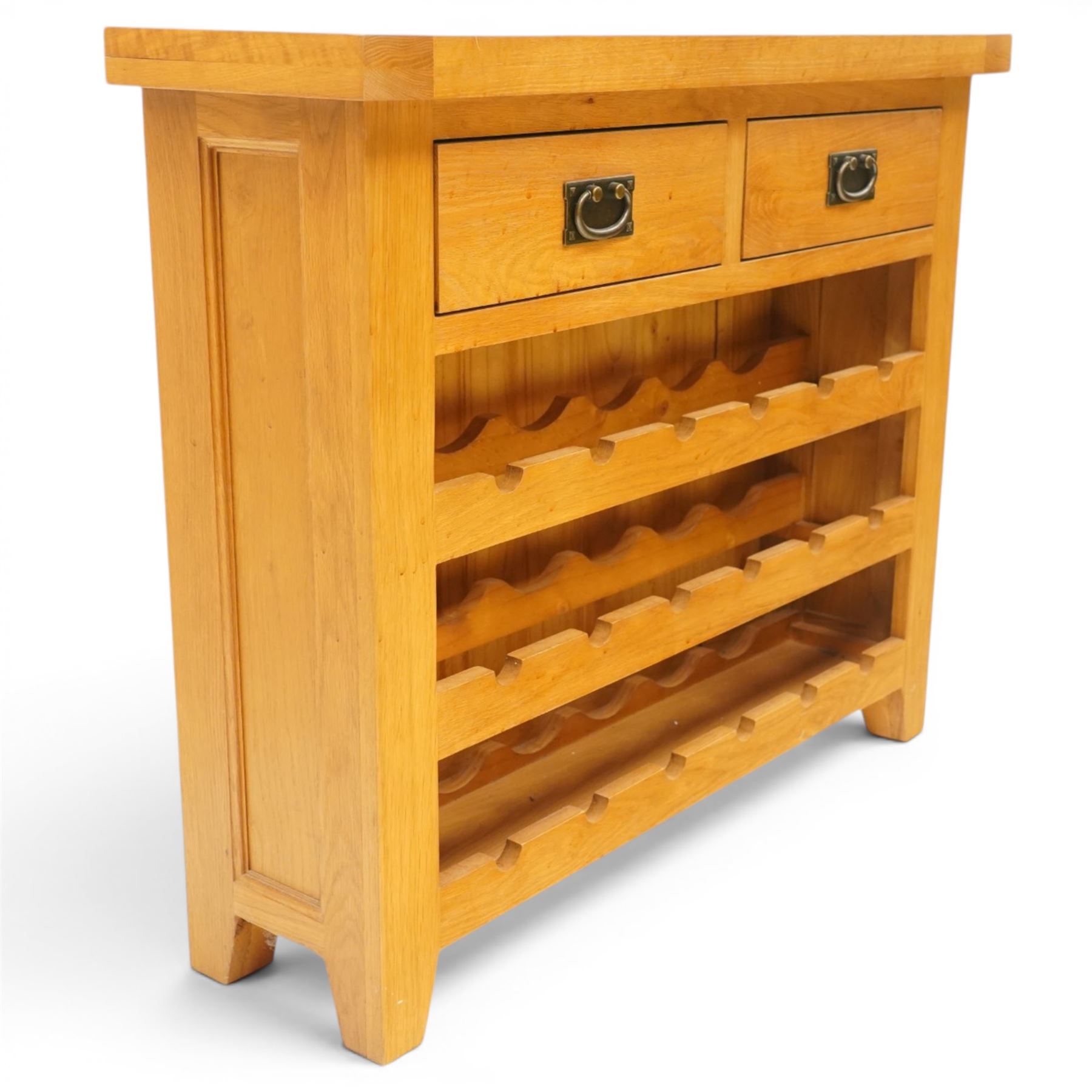Contemporary solid oak wine rack console table, rectangular top fitted with two drawers, over a three-tier wine rack for twenty-four bottles, on square canted feet
