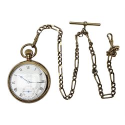 Early 20th century gold-plated open face keyless lever pocket watch by Thomas Russell & Sons, No 50050, screw back case, on gold-plated Albert chain
