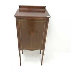 20th century inlaid mahogany music cabinet, raised back, single door, shaped supports, W48cm, H109cm, D37cm