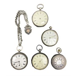 Five Victorian and early 20th century silver lever pocket watches including keyless half hunter, Fattorini & Sons, Bradford, Thomas Russell & Sons, Liverpool and Thomas Yates, Preston and a silver graduating Albert chain with fob