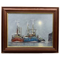 Jack Rigg (British 1927-): Trawlers and a Coble at the Harbourside, oil on board signed 30cm x 40cm