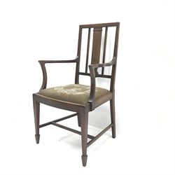 Edwardian inlaid mahogany armchair, drop in needlework seat, square tapering supports on spade feet, W55cm