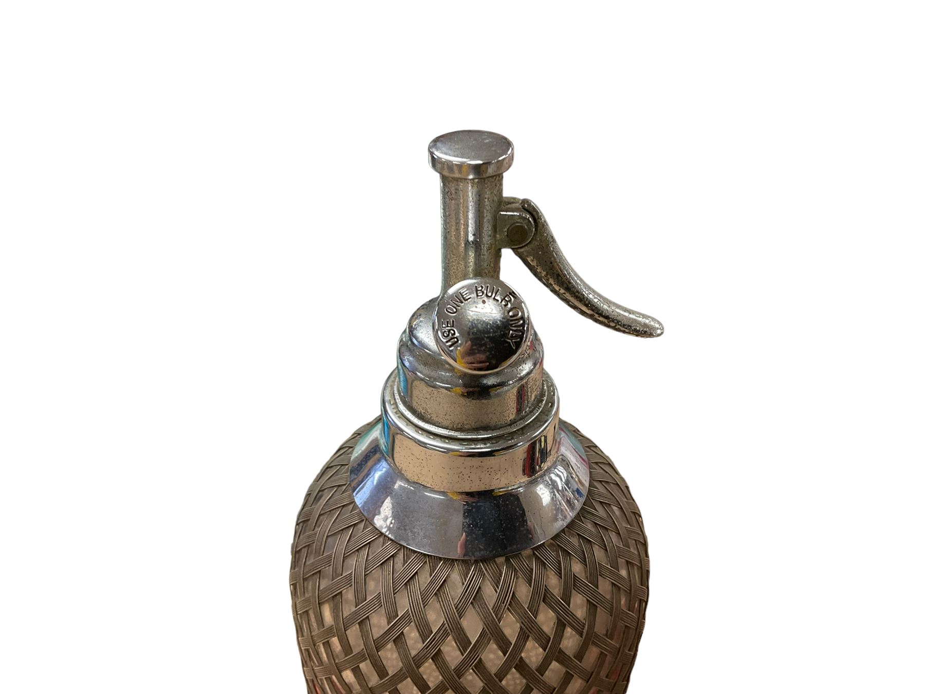 Glass soda siphon, together with Belgian Bell Telephone Company dial-up telephone, by MFG