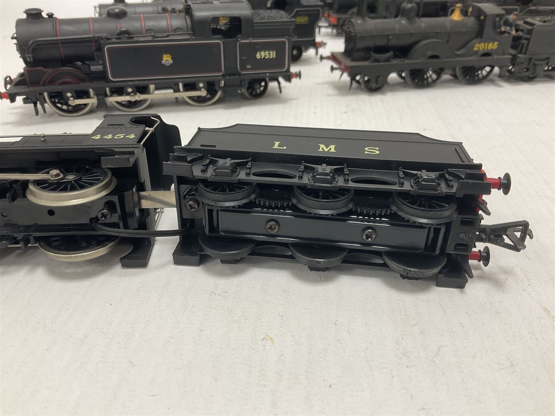 Airfix ‘00’ gauge - seven locomotives comprising Class 7P (Royal Scot) ‘Royal Scots Fusilier’ 4-6-0 no.6103 in LMS black with Mainline tender; two Class N2 0-6-2T no.69531 in BR black; Class 1282 2-4-0 no.20185 in LMS black; Class 61XX 2-6-2T no.6167 in BR black; Class 14XX 0-4-2T no.1466 in GWR green, all unboxed; Class 4F 0-6-0 no.4454 in LMS black, in original box (7)