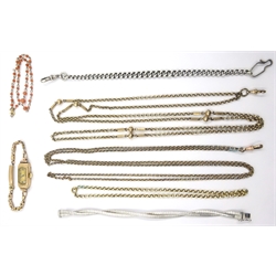  Three Victorian belcher chains, silver and coral bracelets and an oblong cased gold-plated wristwatch  
