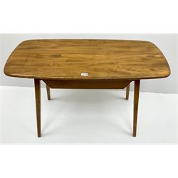 Ercol light elm and beech desk, curved rectangular top over single drawer, splayed supports
