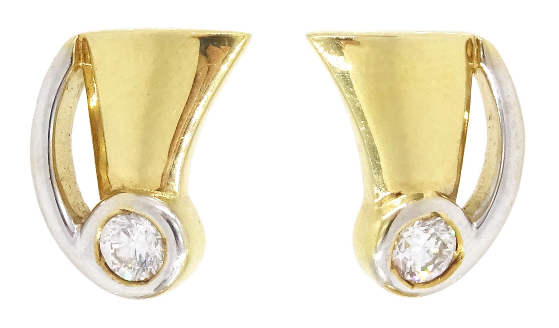 Pair of 18ct white and yellow gold round brilliant cut diamond stud earrings, Sheffield 2016, total diamond weight approx 0.20 carat