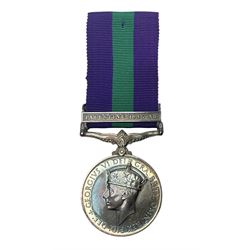 George VI General Service Medal with Palestine 1945-48 clasp awarded to 19117460 Pte. P. Tilmouth R. Lincolns; with ribbon