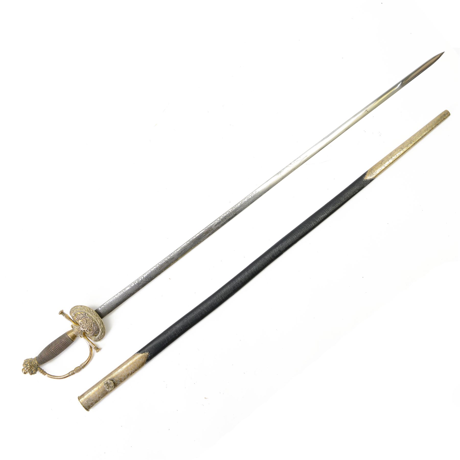 Victorian court and diplomatic ceremonial sword, the 79cm blade finely etched with scrolling motifs and engraved Huntsman Marlboro St, London, with crown pommel, wire bound grip, bow shaped guard and crossguard with gilt shell guard and crowned VR cypher,  in a brass mounted leather scabbard, overall L91cm
