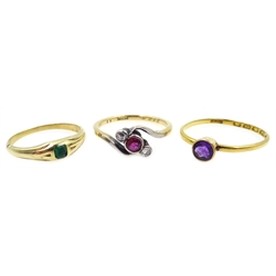  22ct gold ring set with an amethyst, hallmarked, gold ruby and diamond crossover ring, stamped 18ct and 15ct gold (tested) emerald ring  