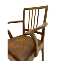 'Acornman' set of six (4+2) oak dining chairs, drop in leather seats, carved Acorn signature