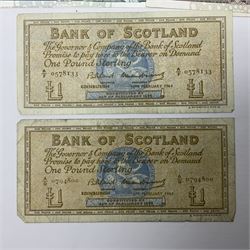 Irish and Scottish banknotes to include Bank of Ireland 5 January 1939 ‘B15’ one pound, two Bank of Scotland 1964 ‘AD07’ and ‘AF05’ one pound notes, one 1966 ‘CQ77’ one pound, and further notes from Clydesdale Bank, National Commercial Bank of Scotland Ltd. etc, housed in plastic sleeves