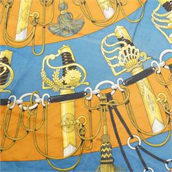 Hermes 'Cliquetis' silk scarf in orange and blue colourway, designed by Julie Abadie, 89cm x 89cm