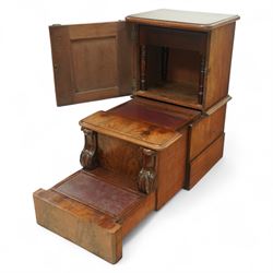 Victorian figured mahogany commode with enclosed bidet, upper cupboard with barley twist supports above sliding and hinged seat elements with leather panels, on plain plinth base