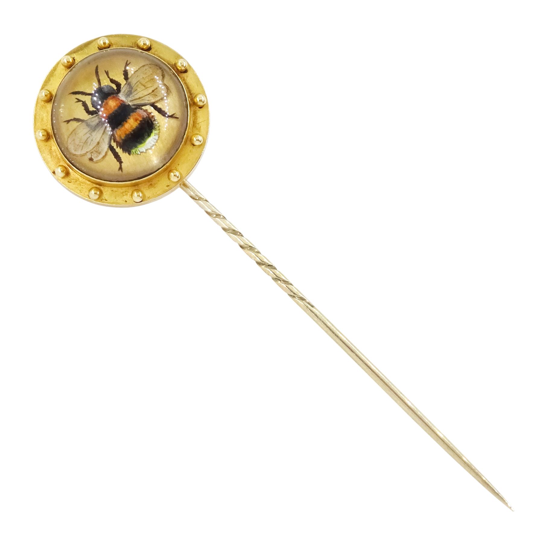 19th / early 20th century 18ct gold Essex crystal bee stick pin, the border with bead decoration