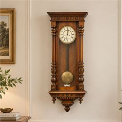 19th century mahogany Vienna Regulator wall clock, carved mahogany framed with turned and ...
