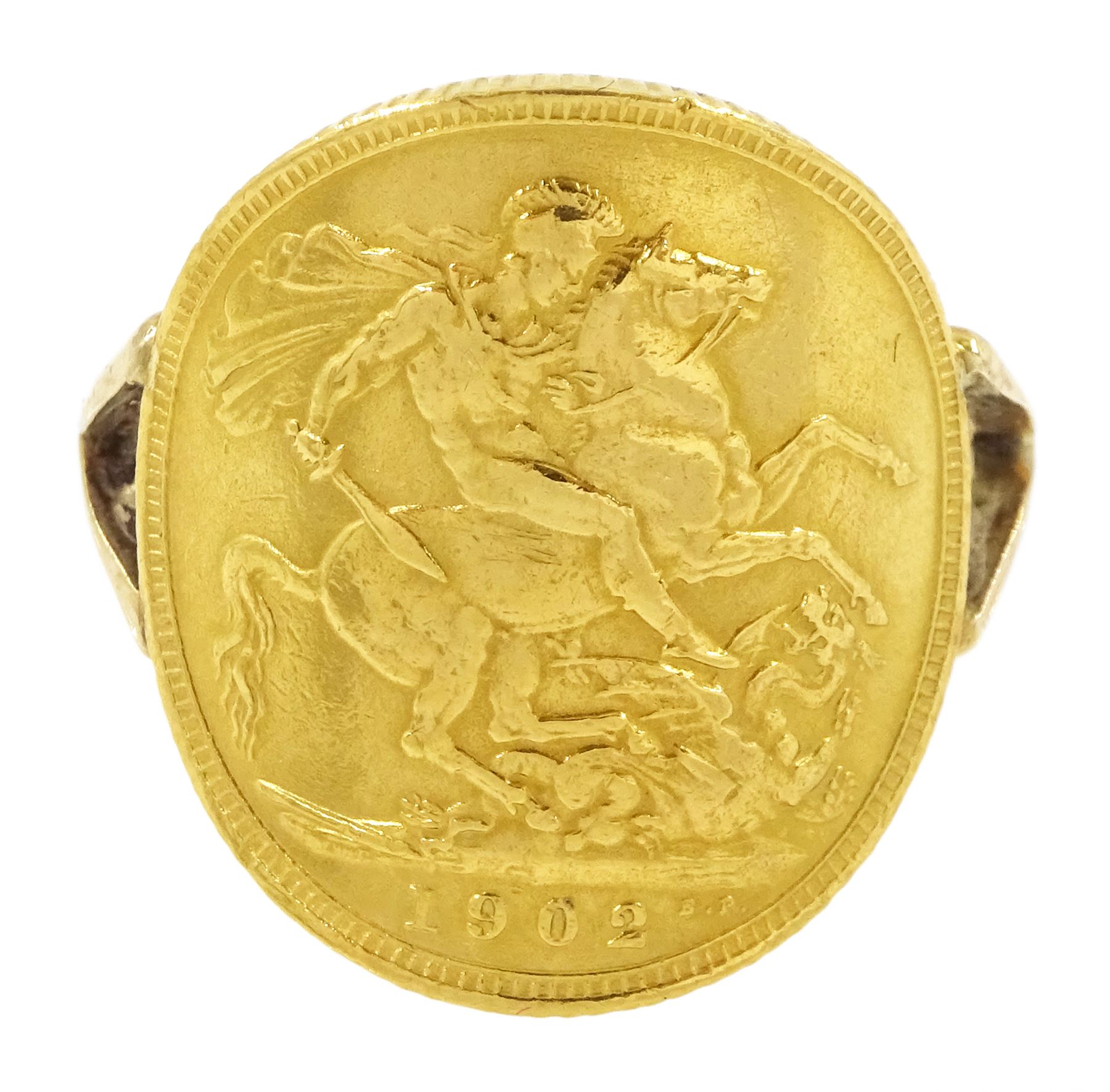 King Edward VII 1902 gold full sovereign curved coin ring, on 9ct gold soldered shank