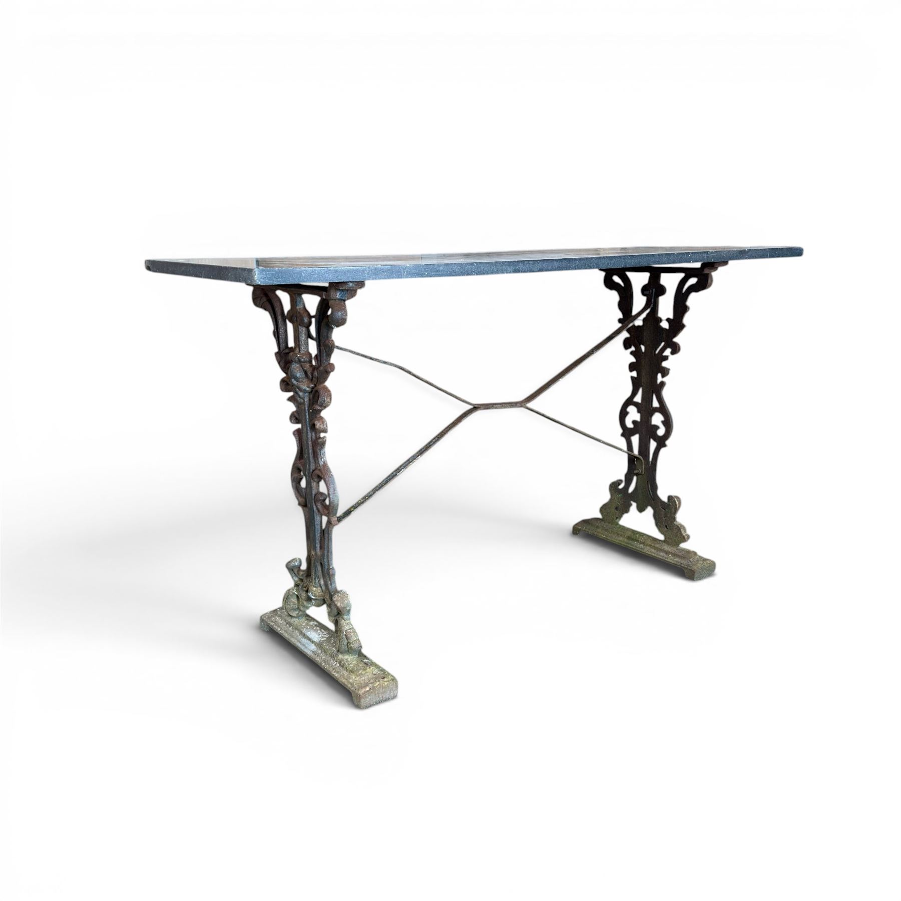 Edwardian ornate cast iron garden table, later rectangular granite top
