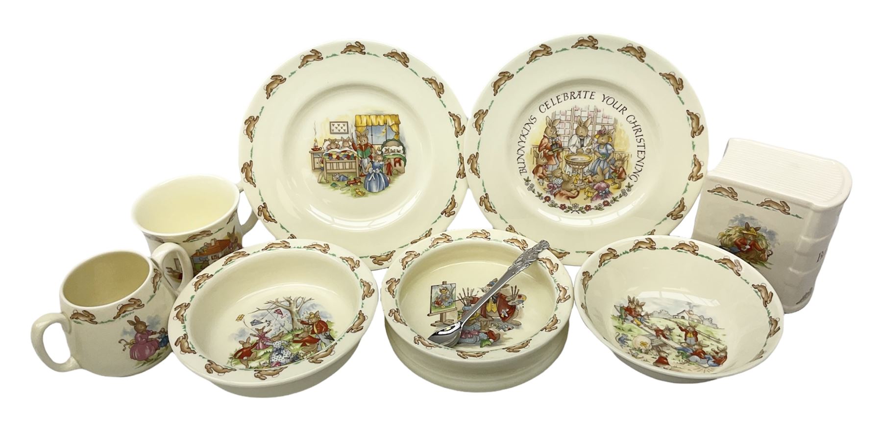 Royal Doulton Bunnykins ceramics, comprising two baby bowls, twin handled cup, two plates, money box, cup, bowl and spoon (9)