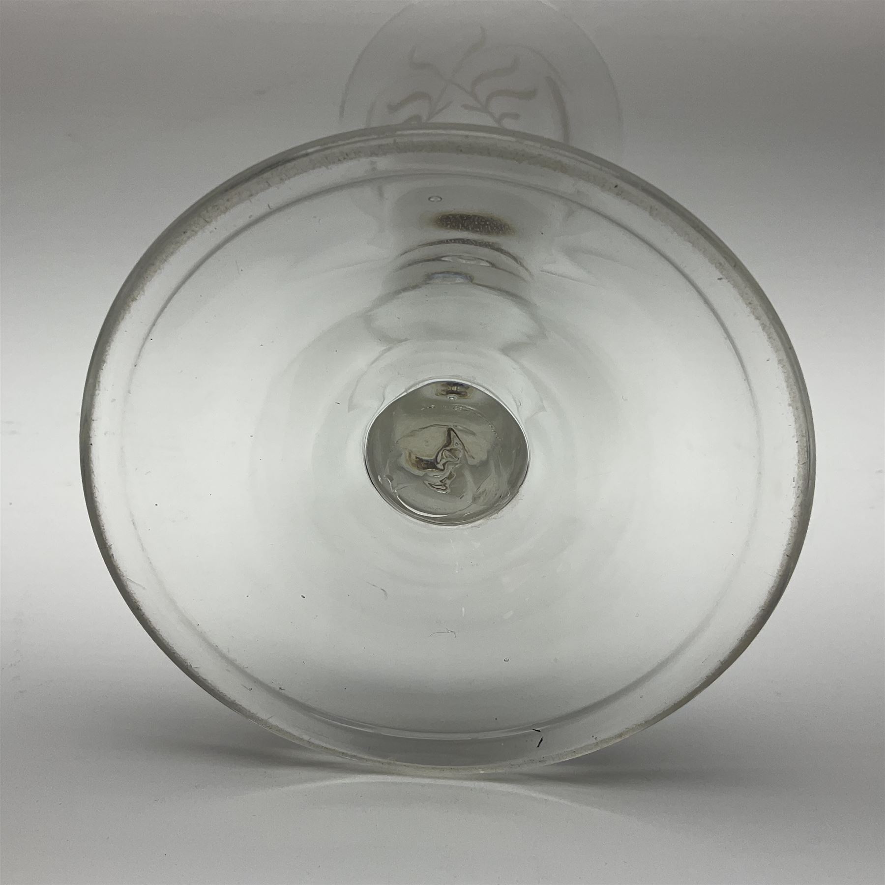 Georgian ale glass, the bowl of tapered form with fluted rim, etched with hops and barley, upon slightly tapering stem and circular domed and folded foot, H30.5cm