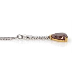 18ct white and yellow gold diamond pendant necklace, single pear cut fancy red/brown diamond of approx 5.70 carat, suspending from a graduating five stone round brilliant cut white diamond bail, on a fancy bead link chain necklace, total white diamond weight approx 0.75 carat