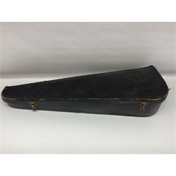 Late 19th century French three-quarter size 'Conservatory' violin with 34cm two-piece maple back and ribs and spruce top, the peg box inscribed 'Conservatory Violin Straduari', bears label 'Antonius Stradiuarius Cremonensis Faciebat Anno 1721' L55.5cm overall; in ebonised wooden 'coffin' case; and Saxony violin c1900 with 36cm two-piece maple back and ribs and spruce top; bears label 'Antonius Stradivarius Cremonensis Faciebat Anno 17**' L59cm overall; in carrying case (2)