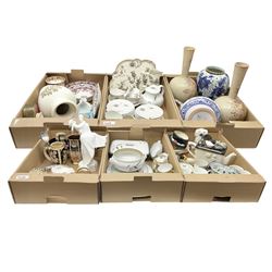 Denby Greenwheat pattern dinner wares, together with Royal Doulton Tumbling Leaves pattern tea and dinner wares, Royal commemorative ceramics including Wedgwood Jasperware table lighter, pair of Victorian glass hand painted vases, large blue and white urn with lid, Noritake part tea set, Staffordshire style dog and other ceramics and collectables, in boxes