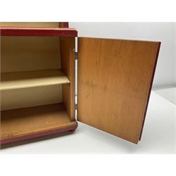 Miniature pitch pine Welsh dresser with open plate rack over two cupboard doors, displayed with Ridgways Humphrey's Clock pattern and other doll's blue/white tea ware, copper kettles and pan etc W41cm H72cm