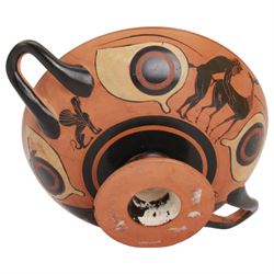 Greek Attic Black-figured eye cup, of typical form with twin handles, the exterior painted with erotic figures flanked by apotropaic eyes, the black interior with reserved tondo with ring dot motif, upon pedestal foot, including handles H9.5cm W28.5cm cup D21.5cm
