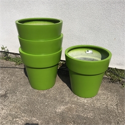 Set four large green tapering poly stackable plant pots, D50cm, H49cm